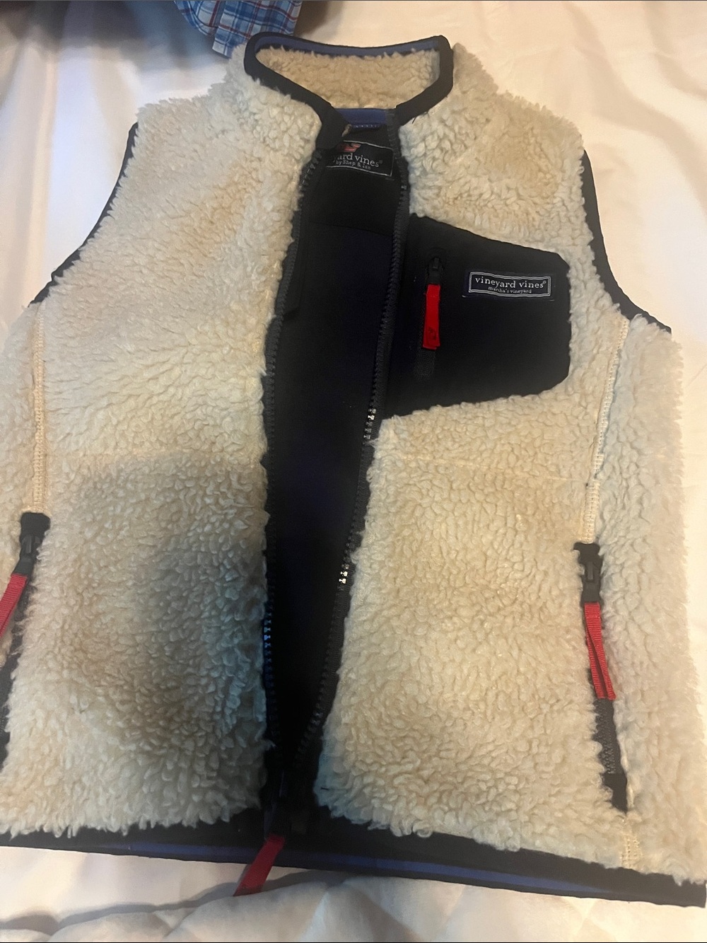 Vineyard Vines Kids Cream Sherpa Vest with Navy Accents and Red Zipper Pulls